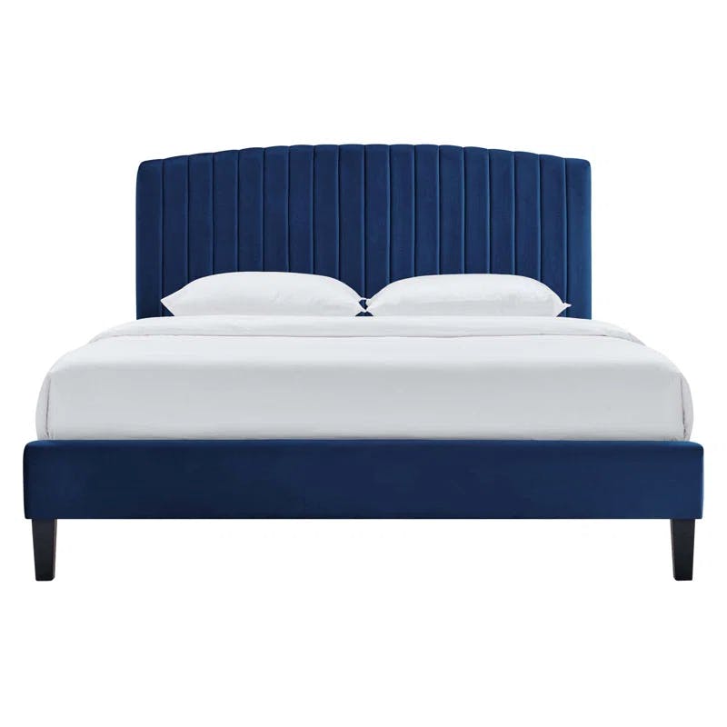 Navy Velvet Full Platform Bed with Tufted Upholstered Headboard