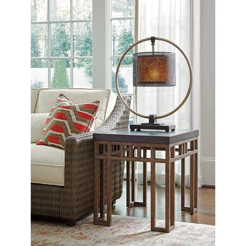 Transitional Gray Stone and Metal Rectangular End Table