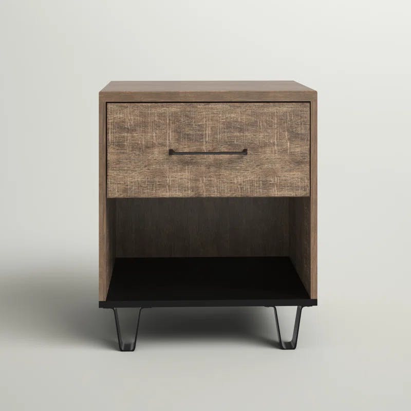 Arlen Weathered Oak 1-Drawer Nightstand with Matte Black Accents