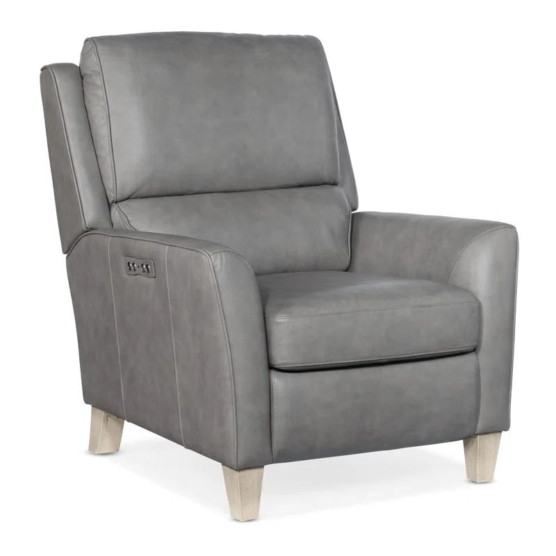 Aline Light Gray Leather Power Recliner with White Finished Feet