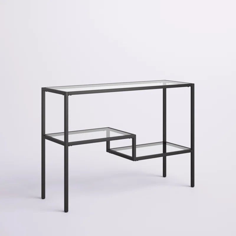 Modern Brushed Metal and Tempered Glass Console Table with Tiered Storage