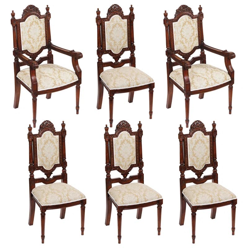 Handcrafted Solid Mahogany High-Back Chair Set in Walnut Finish