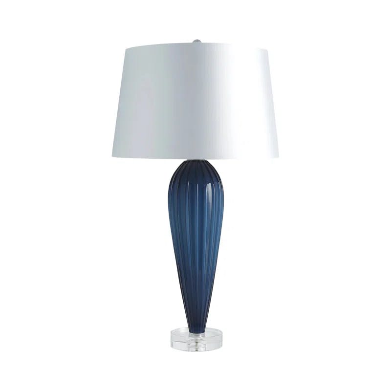 Elegant Teardrop Blue Glass Table Lamp with White Linen Shade