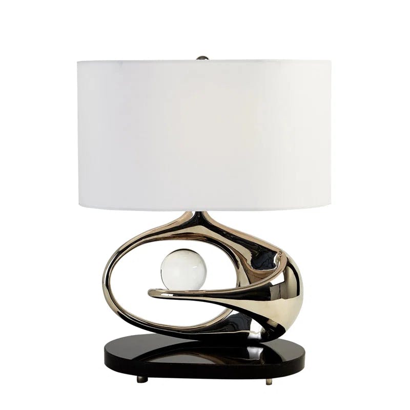 Sleek Orbit Nickel Table Lamp with White Drum Shade and Crystal Accent