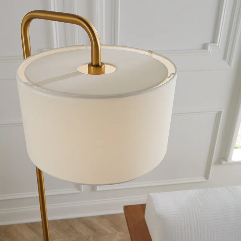 Dean Burnished Brass Outdoor Floor Lamp with White Linen Shade