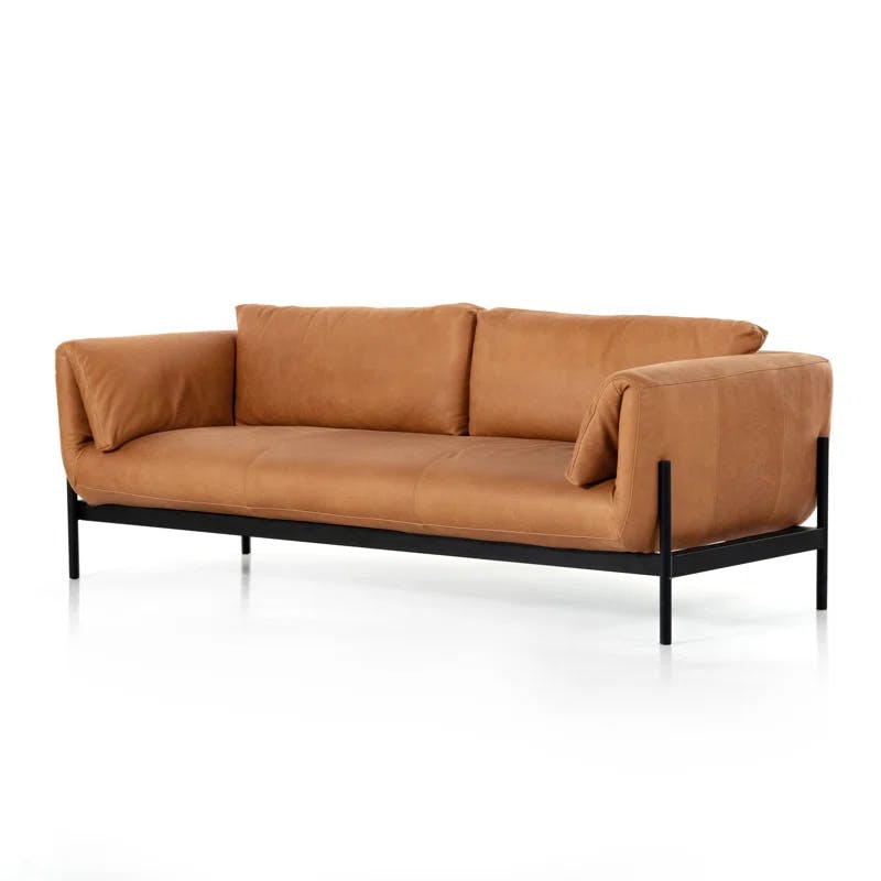 Contemporary Heritage Camel 88.5" Leather Sofa with Matte Iron Base