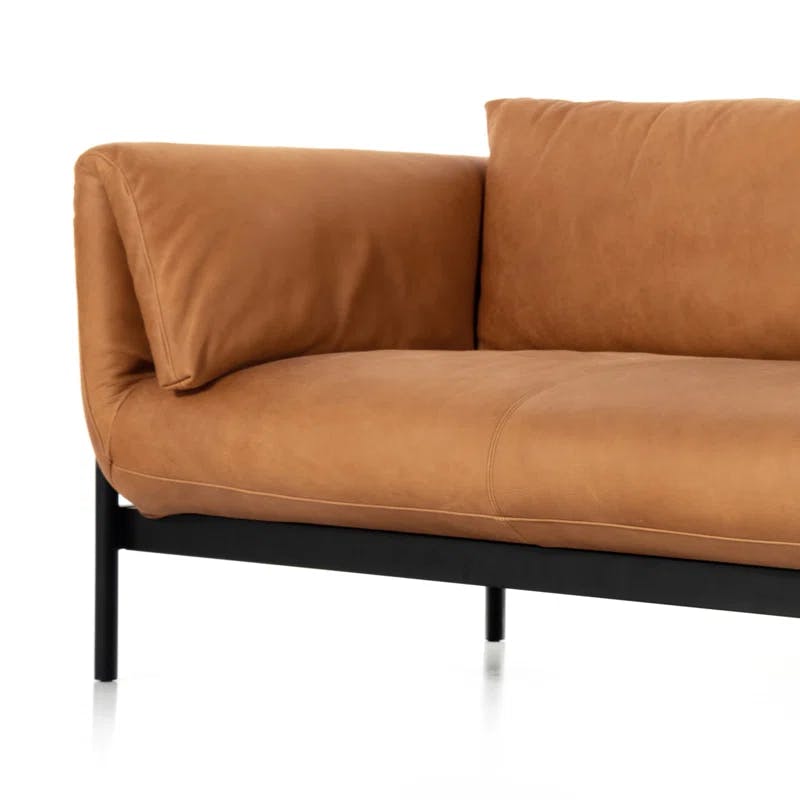 Contemporary Heritage Camel 88.5" Leather Sofa with Matte Iron Base