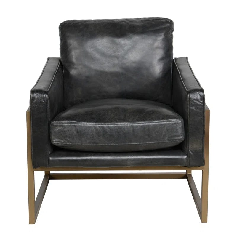 Transitional Black Leather Accent Chair with Brass Metal Frame