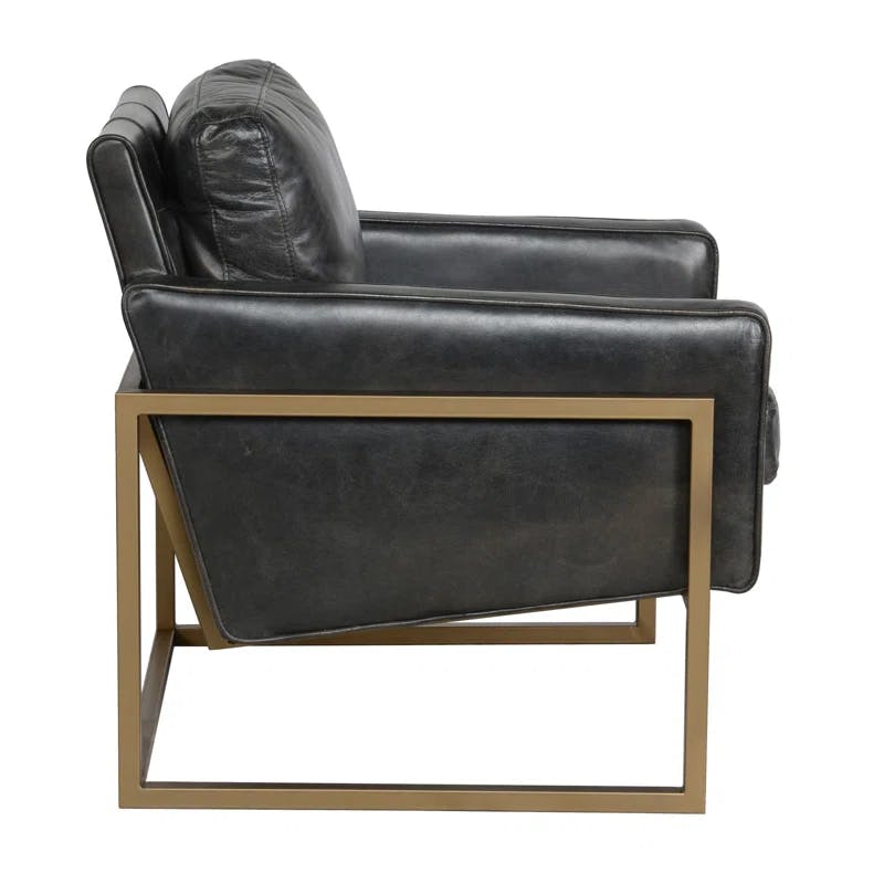 Transitional Black Leather Accent Chair with Brass Metal Frame