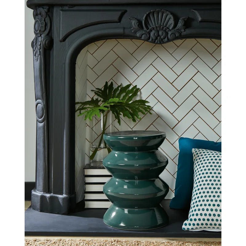 Modern Teal Ceramic Curved 17'' Indoor-Outdoor Accent Stool