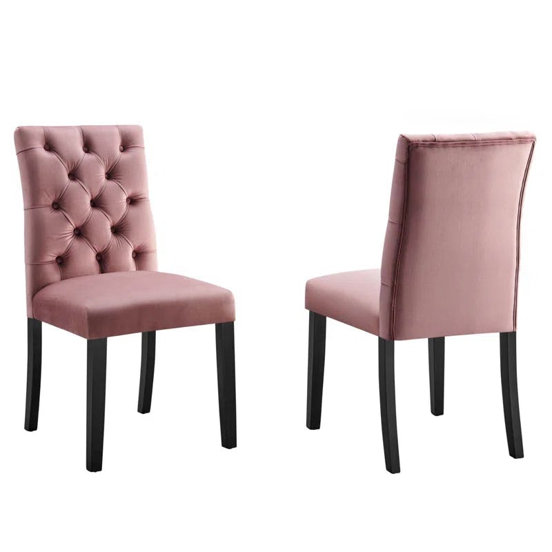 Dusty Rose Velvet Curvy Tufted Side Chair with Wood Legs