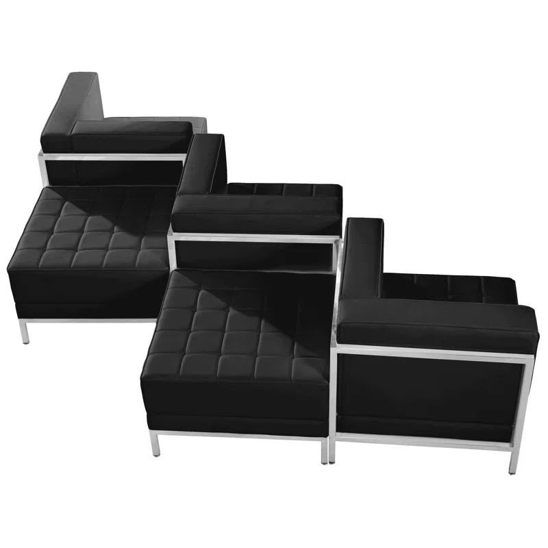 Elegant Tufted Black Leather Chair & Ottoman Set with Metal Frame