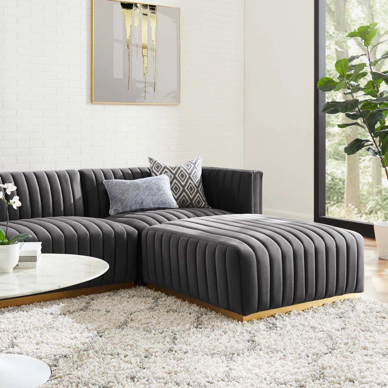 Elegance Luxe Gold Gray Velvet 4-Piece Sectional with Ottoman