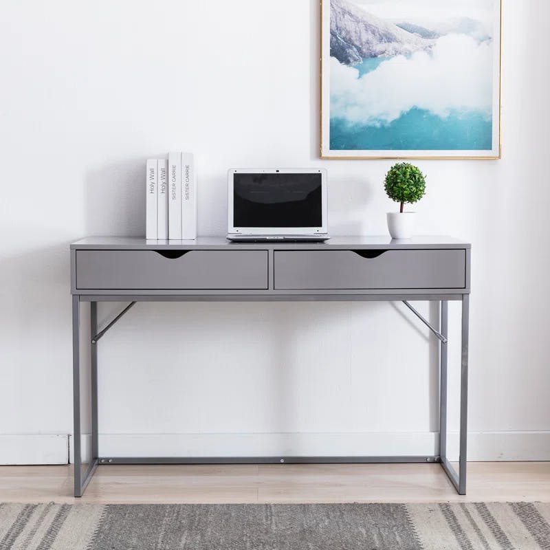 Contemporary Gray Wood Writing Desk with Drawer and Metal Base
