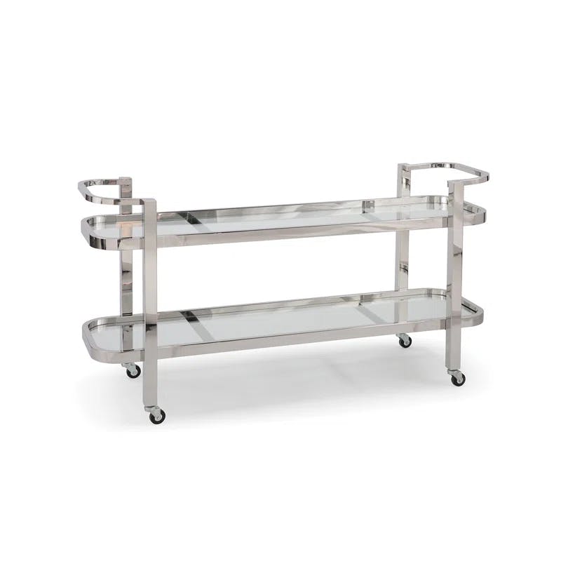 Carter Polished Stainless Steel Rectangular Bar Cart with Glass Shelves