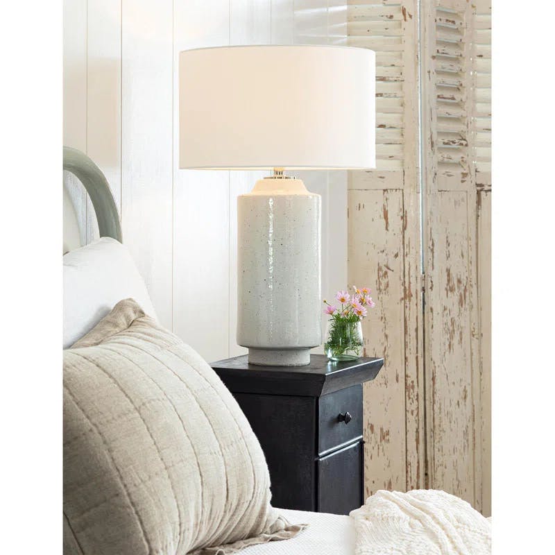 Markus White Ceramic Table Lamp with Linen Shade and Polished Nickel Accents