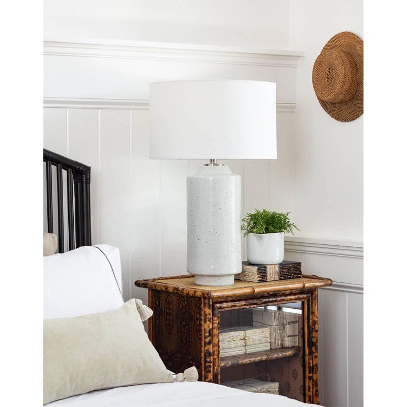 Markus White Ceramic Table Lamp with Linen Shade and Polished Nickel Accents
