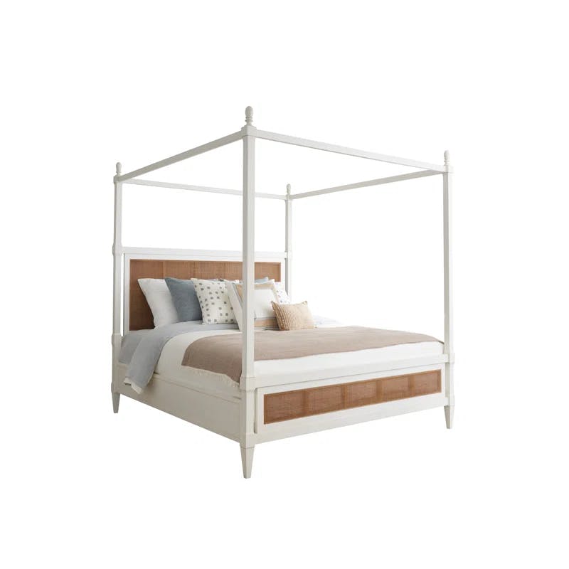 Elegant California King Linen Canopy Bed with Woven Cane Panels