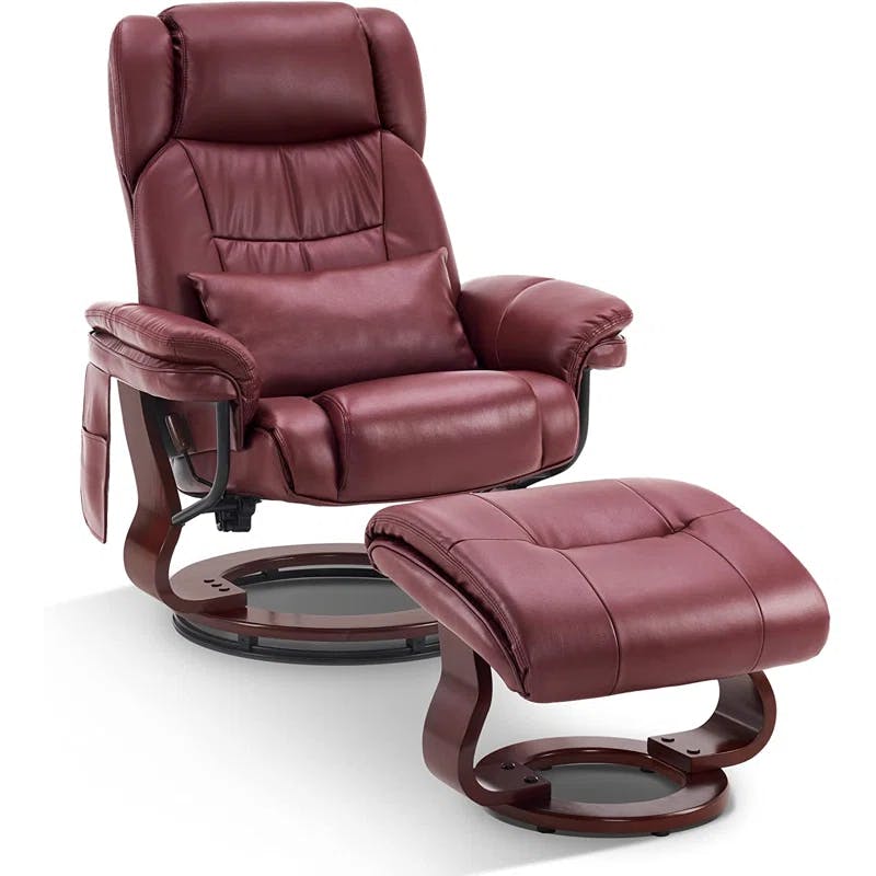 Burgundy Faux Leather Swivel Recliner with Massage Ottoman