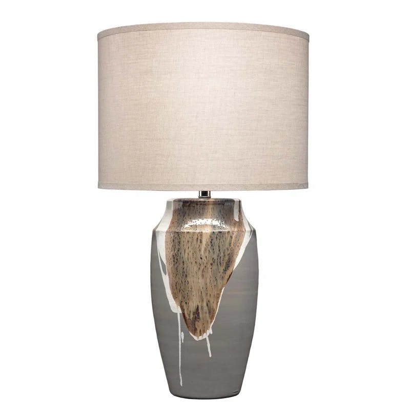 Matte Grey Ceramic Table Lamp with Beige/White Drip and Linen Shade