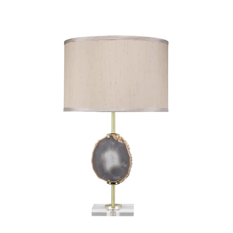 Elegant Agate Slice Silver Table Lamp with Taupe Linen Drum Shade