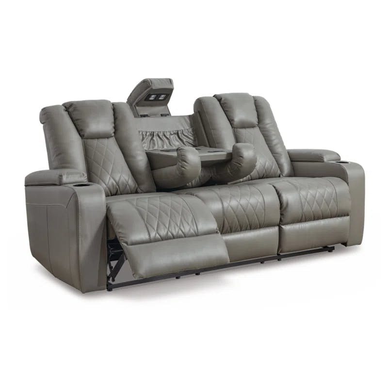 Contemporary Gray Faux Leather Reclining Sofa with Cup Holders
