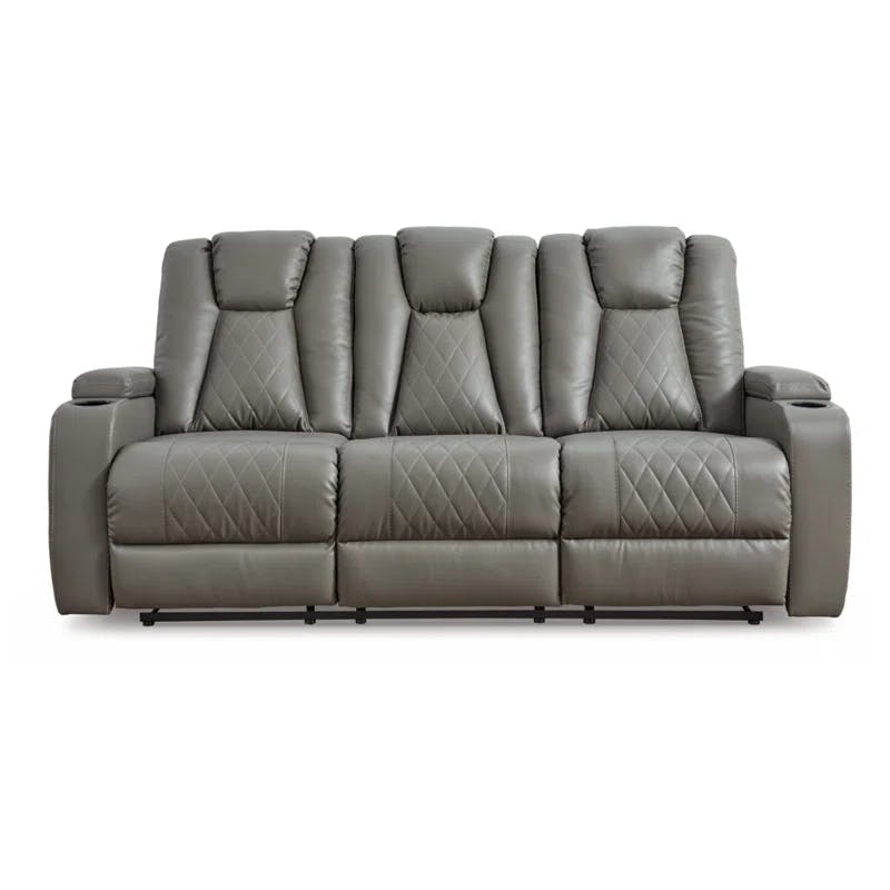 Contemporary Gray Faux Leather Reclining Sofa with Cup Holders