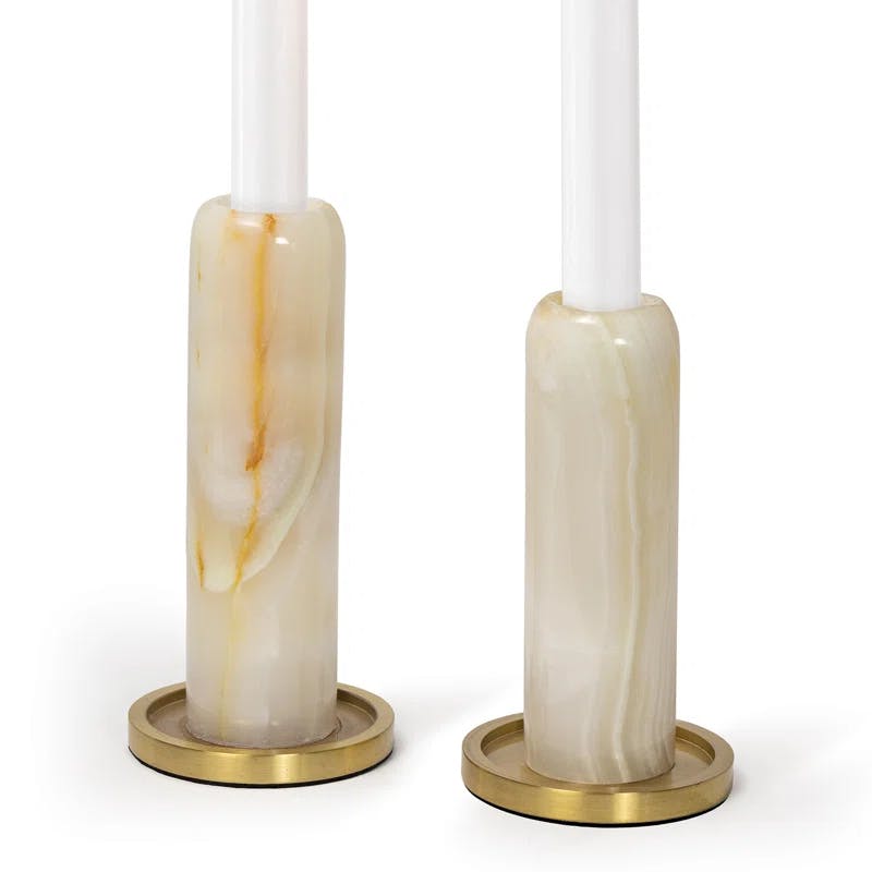 Ivy Brass Base 7.5" Candlestick Holder Set with Natural Jade