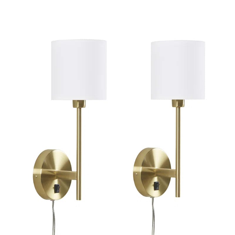 Elegant Gold Metal Wall Sconce with Cream Cylinder Shade - Set of 2