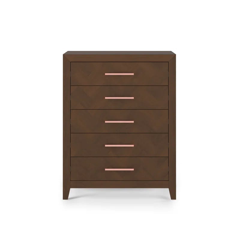 Kieran Transitional Toasted Chestnut 5-Drawer Chest with Herringbone Pattern