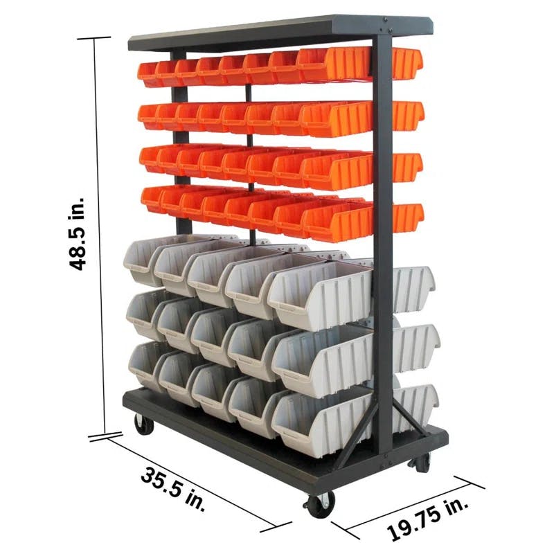Dual-Sided Mobile 94-Bin Storage Rack with Wheels, Orange & Grey