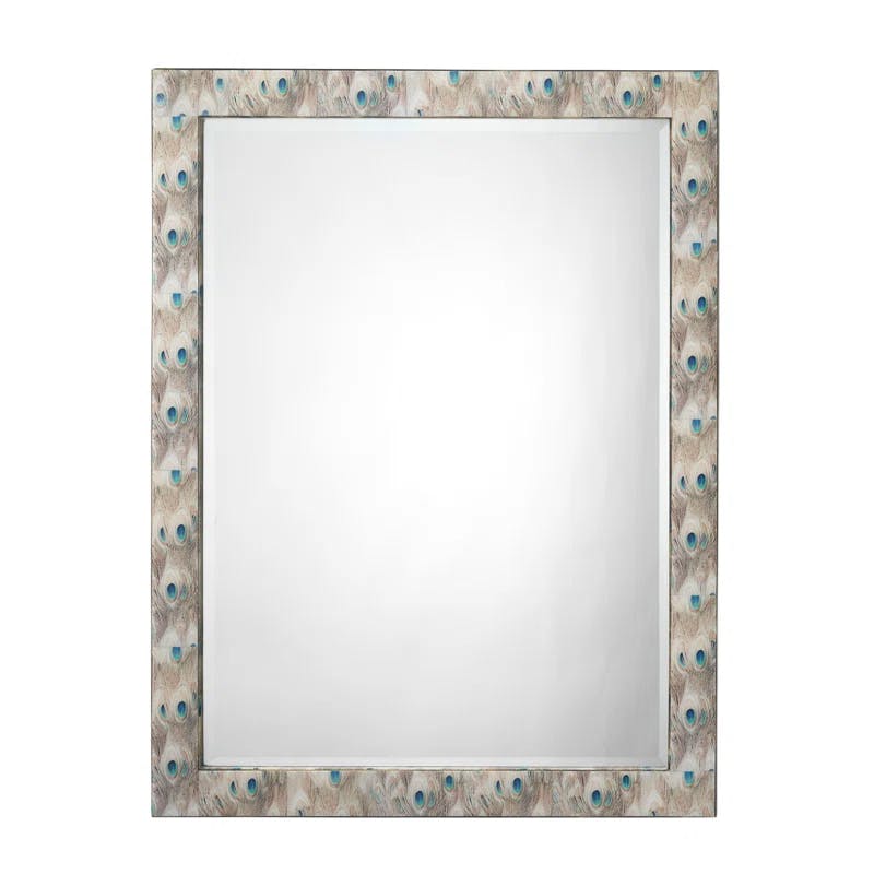Plume Beveled Wood Frame Accent Mirror with Peacock Patterns
