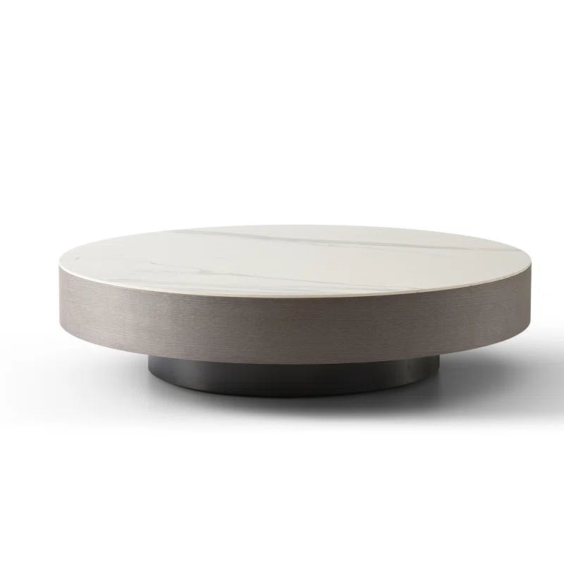 Cory 88'' White Ceramic and Grey Oak Veneer Round Coffee Table