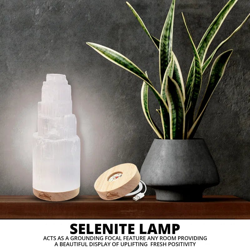 Moroccan White Selenite USB Desk Lamp with Crystal Shade, 7 Inch