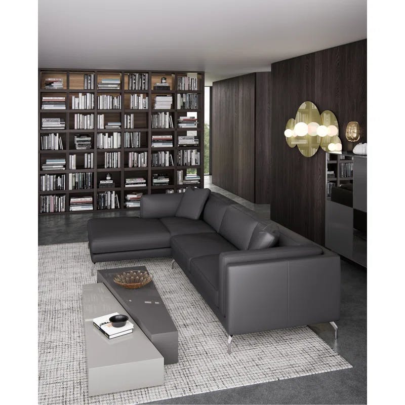 Reade Graphite Leather Mid-Century Modern Sectional Sofa with Track Arm