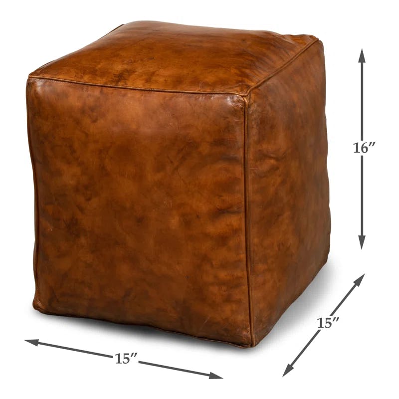 Transitional Square Brown Leather Pouf Ottoman, 15"x15"x16"