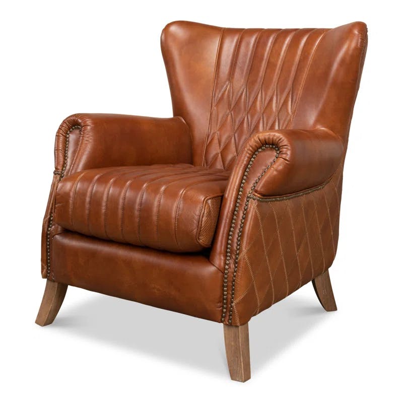 Transitional Bugatti Brown Leather & Wood Wingback Arm Chair