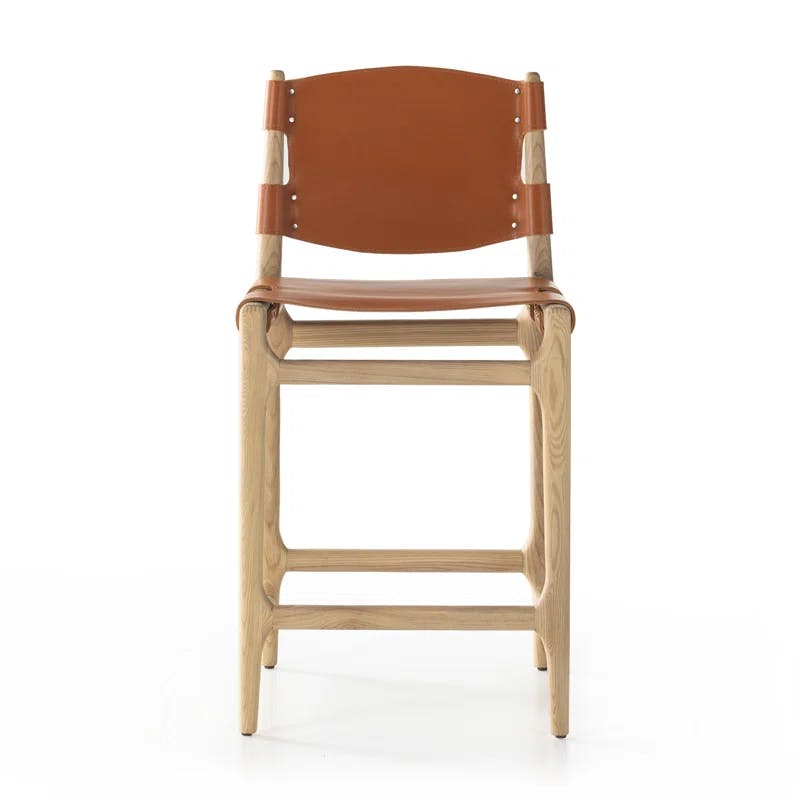 Contemporary Saddle-Style 26" Natural Wood & Leather Counter Stool