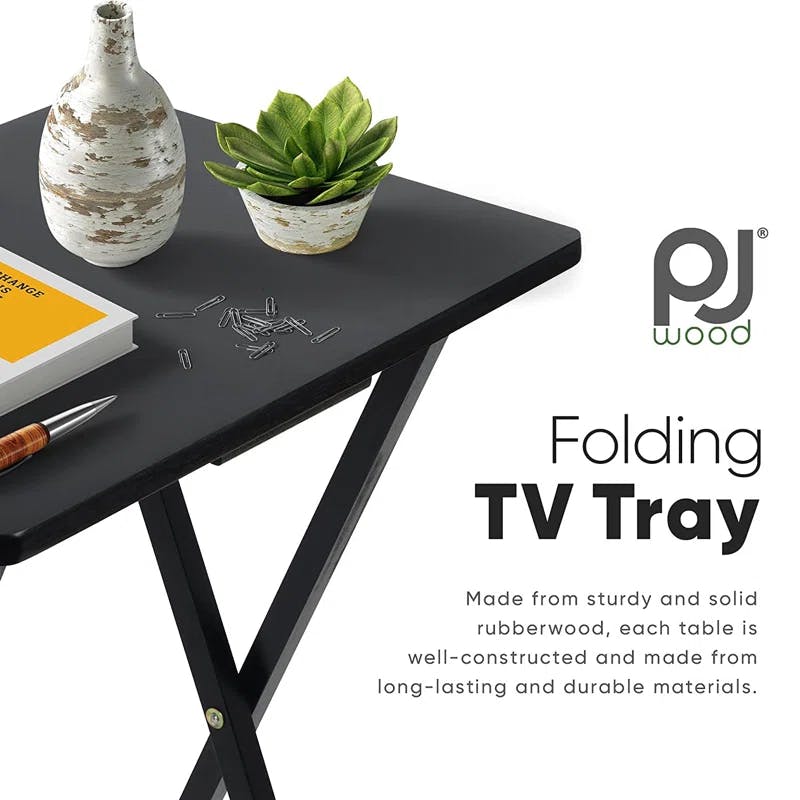 Sleek Black Solid Wood Collapsible TV Tray Set with Storage Rack, 5-Piece