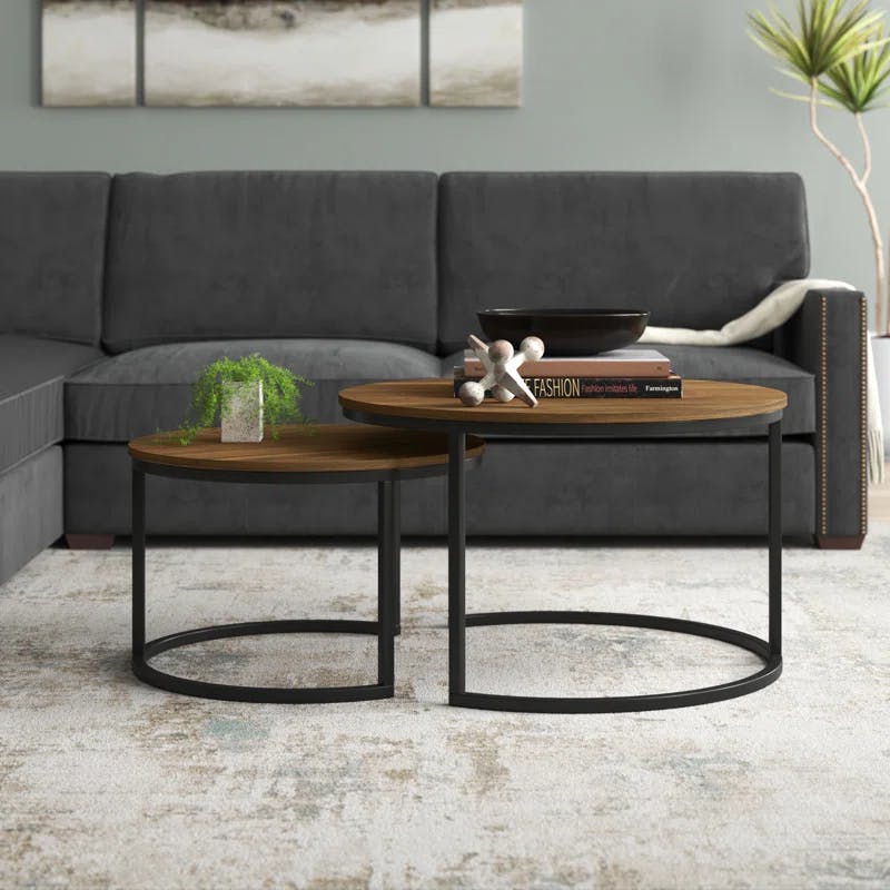 Contemporary Round Wood & Metal Nesting Coffee Tables - Black/Brown