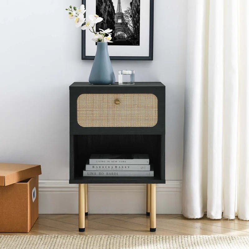Chaucer Oval Rattan Weave 1-Drawer Nightstand in Black/Gold
