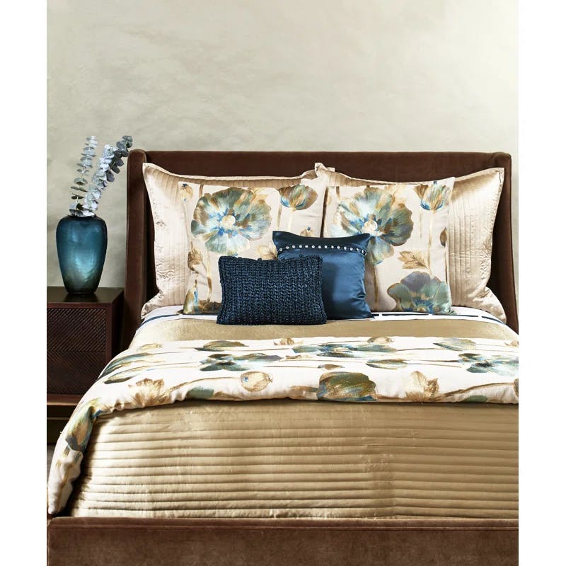 Ivory and Blue Linen-Cotton Queen Duvet Cover with Topstitched Flange