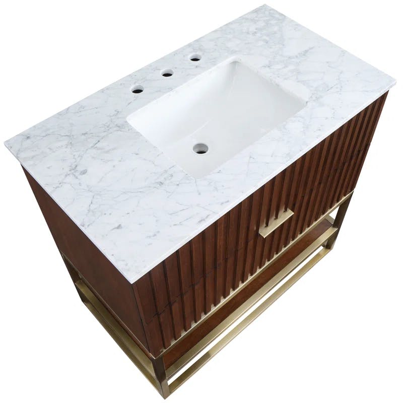 Monad 36'' Brushed Gold Single Freestanding Vanity with Marble Top