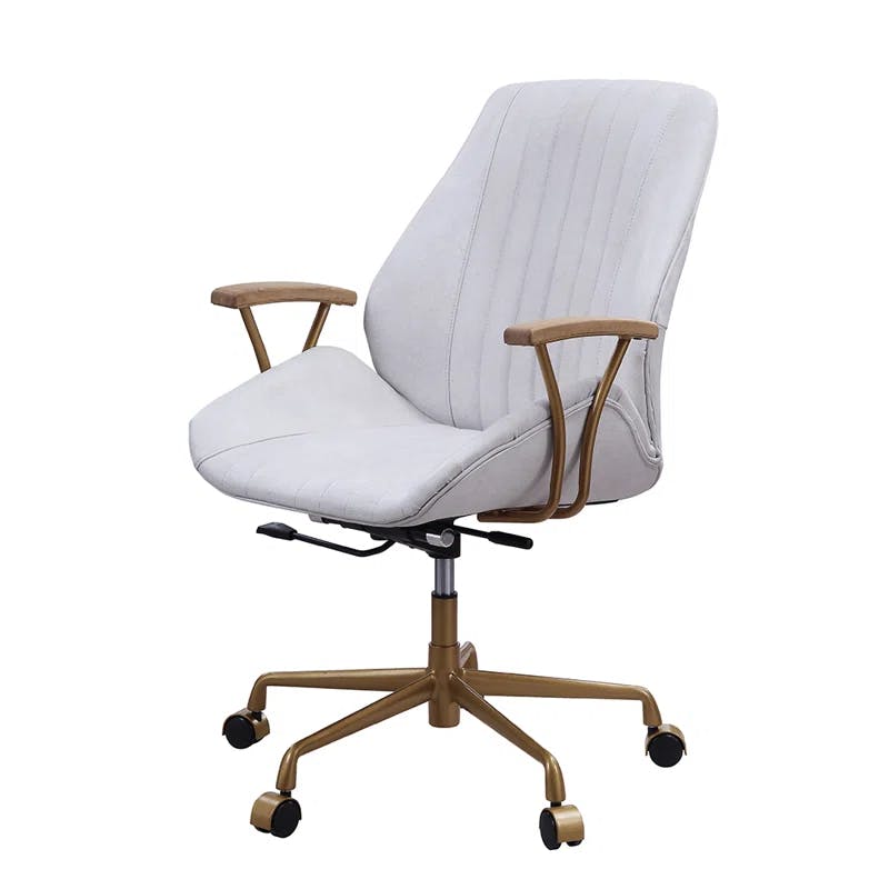 Vintage White Genuine Leather Executive Swivel Chair with Gold Metal Frame