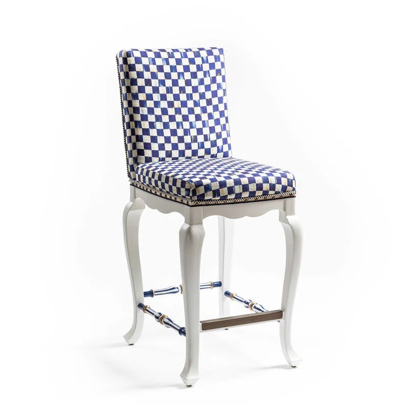Royal Check 26" Solid Wood Counter Stool with Nailhead Trim in Blue/White