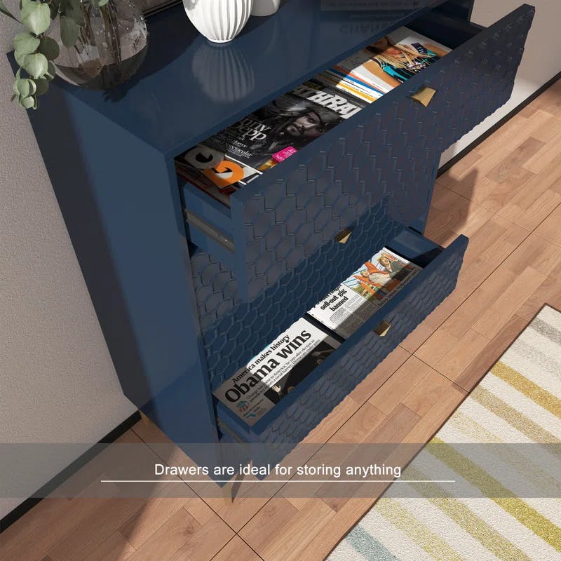 Honeycomb Pattern Blue 5-Drawer Accent Cabinet with Levelers
