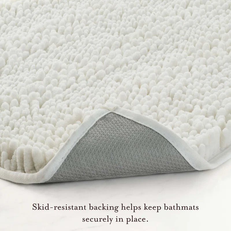 Elegant White Chenille 17" x 24" Non-Slip Bath Mat with Rubber Backing