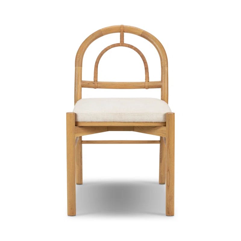 High Burnished Oak and Cane Side Chair with White Linen Upholstery