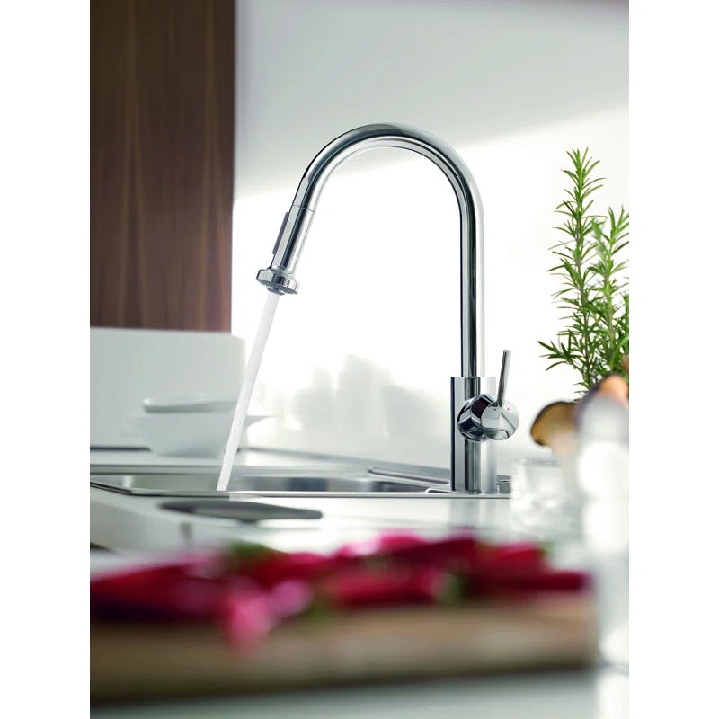 Sleek Steel Optik 16'' Brass Single Handle Pull-Down Kitchen Faucet