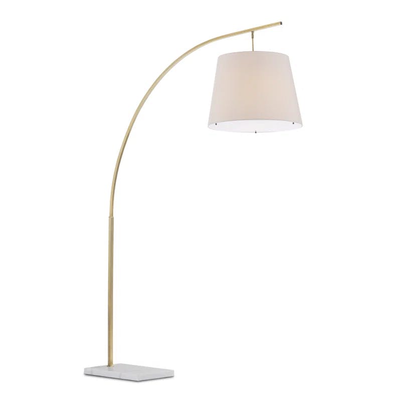 Antique Brass & White Arc Floor Lamp with Off-White Shantung Shade